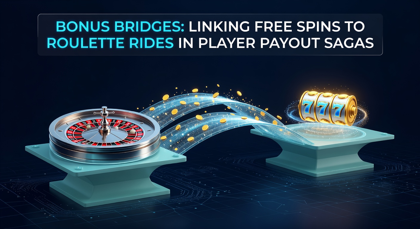 Close-up of a digital slot screen exploding into free spins, with a roulette wheel overlay showing bridging bonus credits flowing across