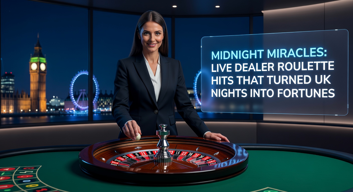 Close-up of a live dealer celebrating a massive roulette payout at a dimly lit table, confetti-like chip stacks and a glowing wheel in the background, evoking the excitement of UK players' late-night triumphs