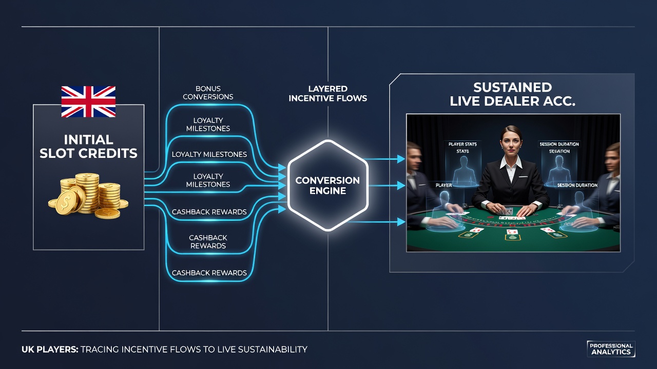 Illustration of live dealer tables receiving transferred credits from slot incentives in UK platforms