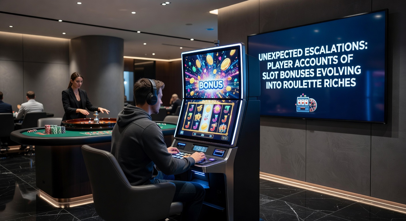 Excited player at a casino table celebrating a roulette win with stacks of chips, background showing slot screens, capturing the thrill of bonus escalation to riches