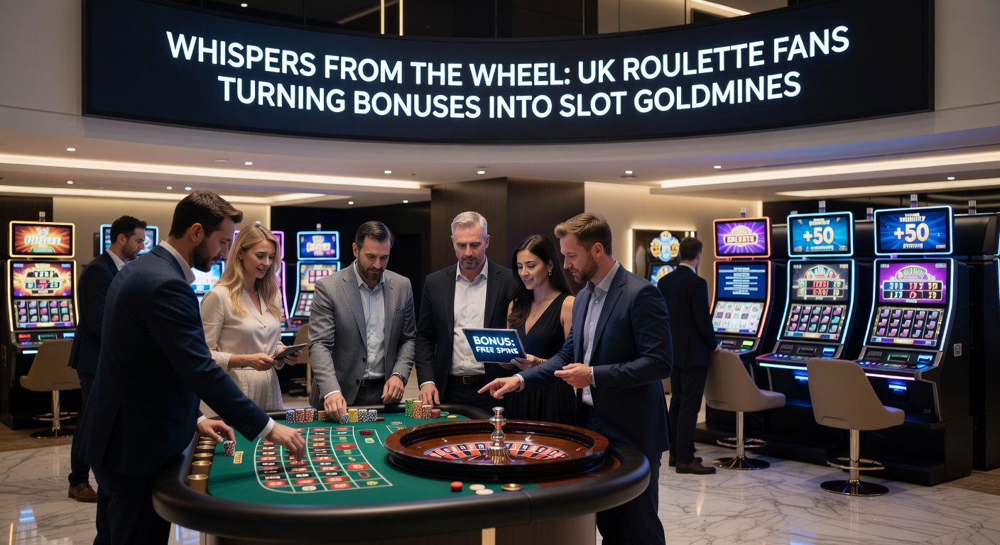 UK casino screen showing a roulette bonus converting to a slot jackpot win, with coins spilling over